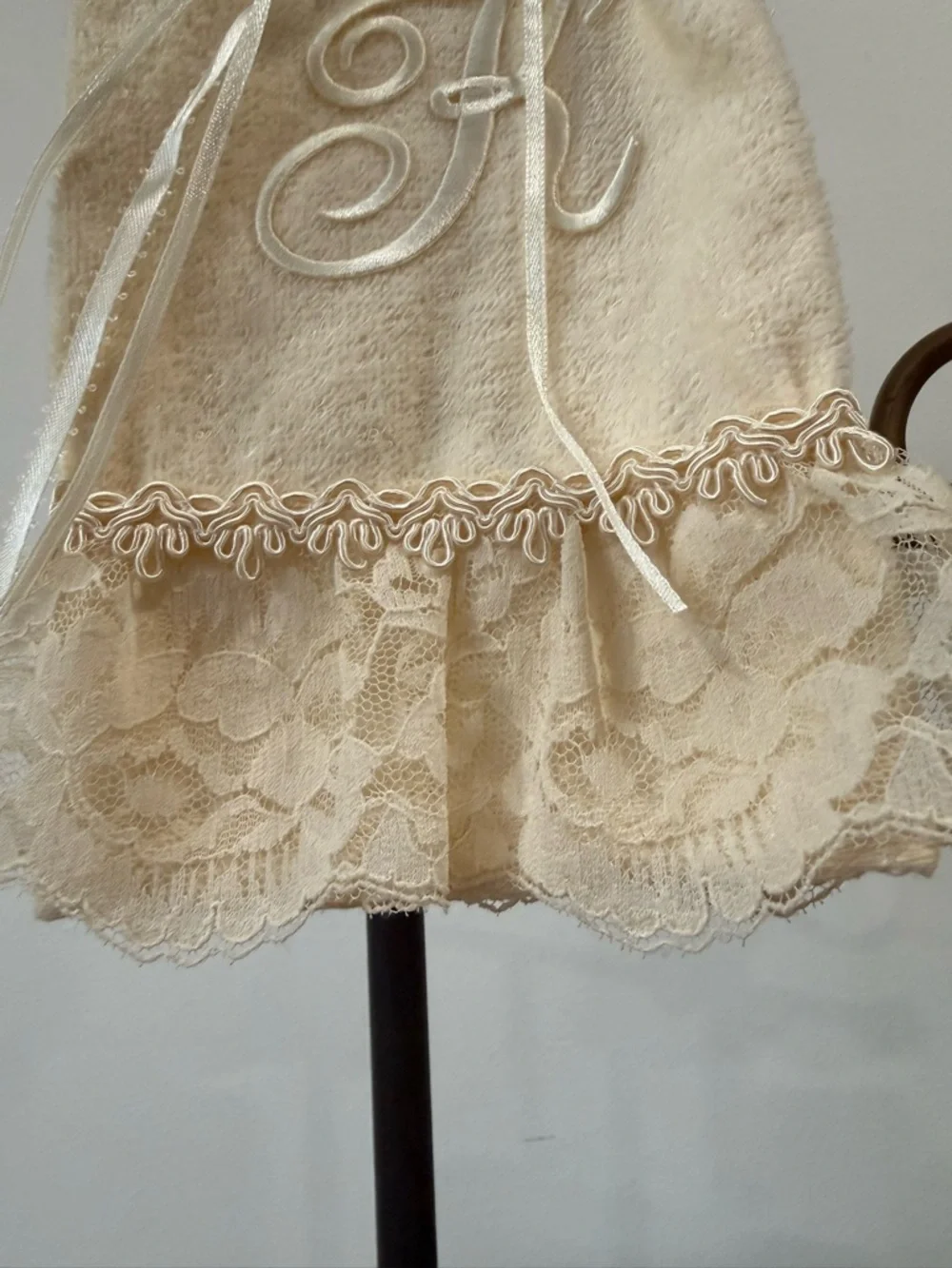 Hand Crafted Cream Lace K Monogram Hand Towel & Toilet Paper Holder